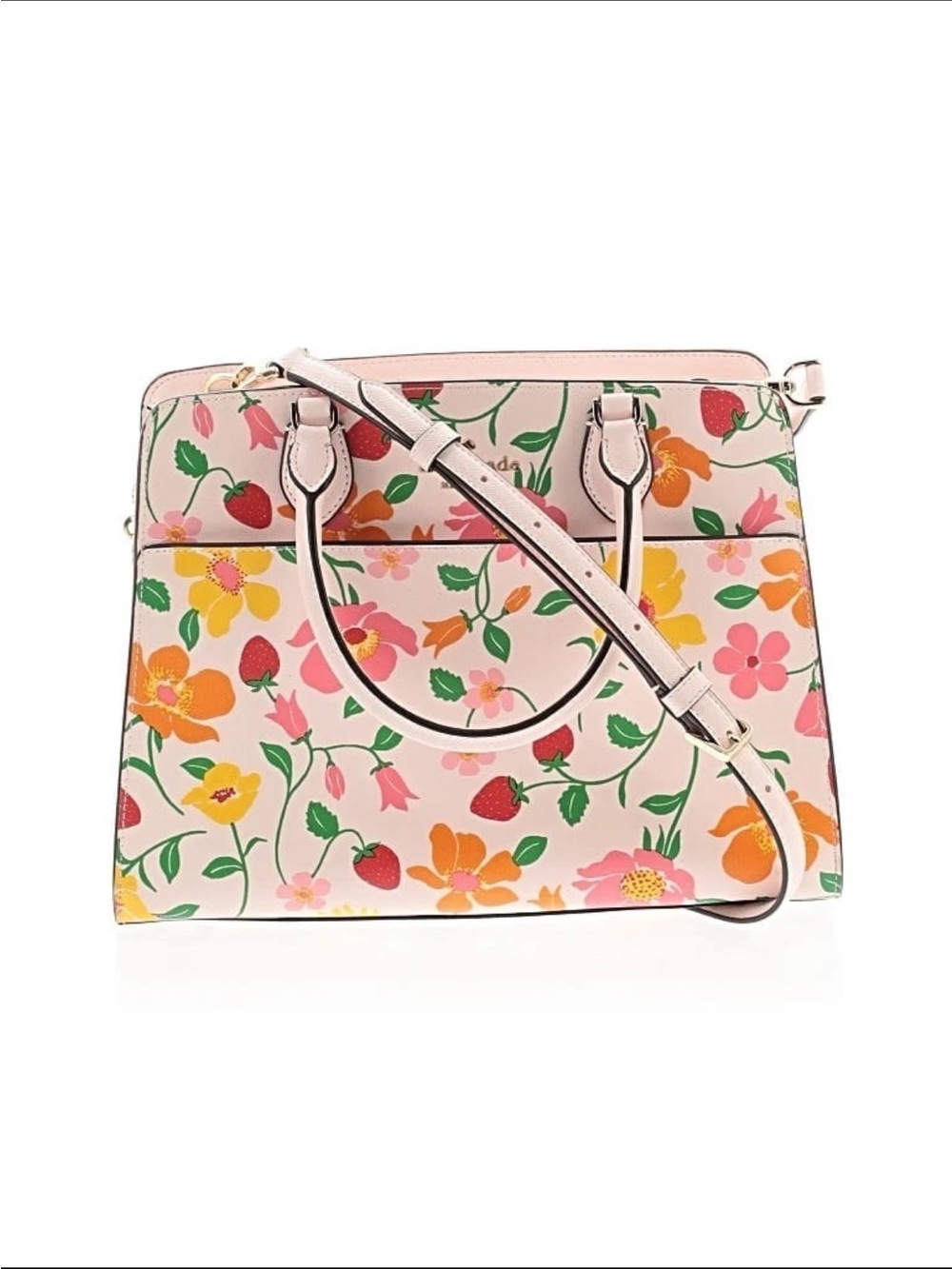 Unopened Floral Strawberries Print Top-Handle Satchel - Pink